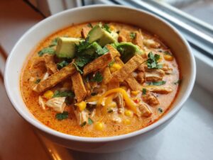 A close-up of a bowl of creamy tortilla soup, garnished with avocado, crispy tortilla strips, and cilantro.
