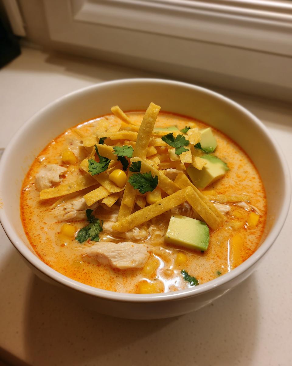A bowl of creamy tortilla soup featuring shredded chicken, corn, avocado chunks, and crispy tortilla strips.