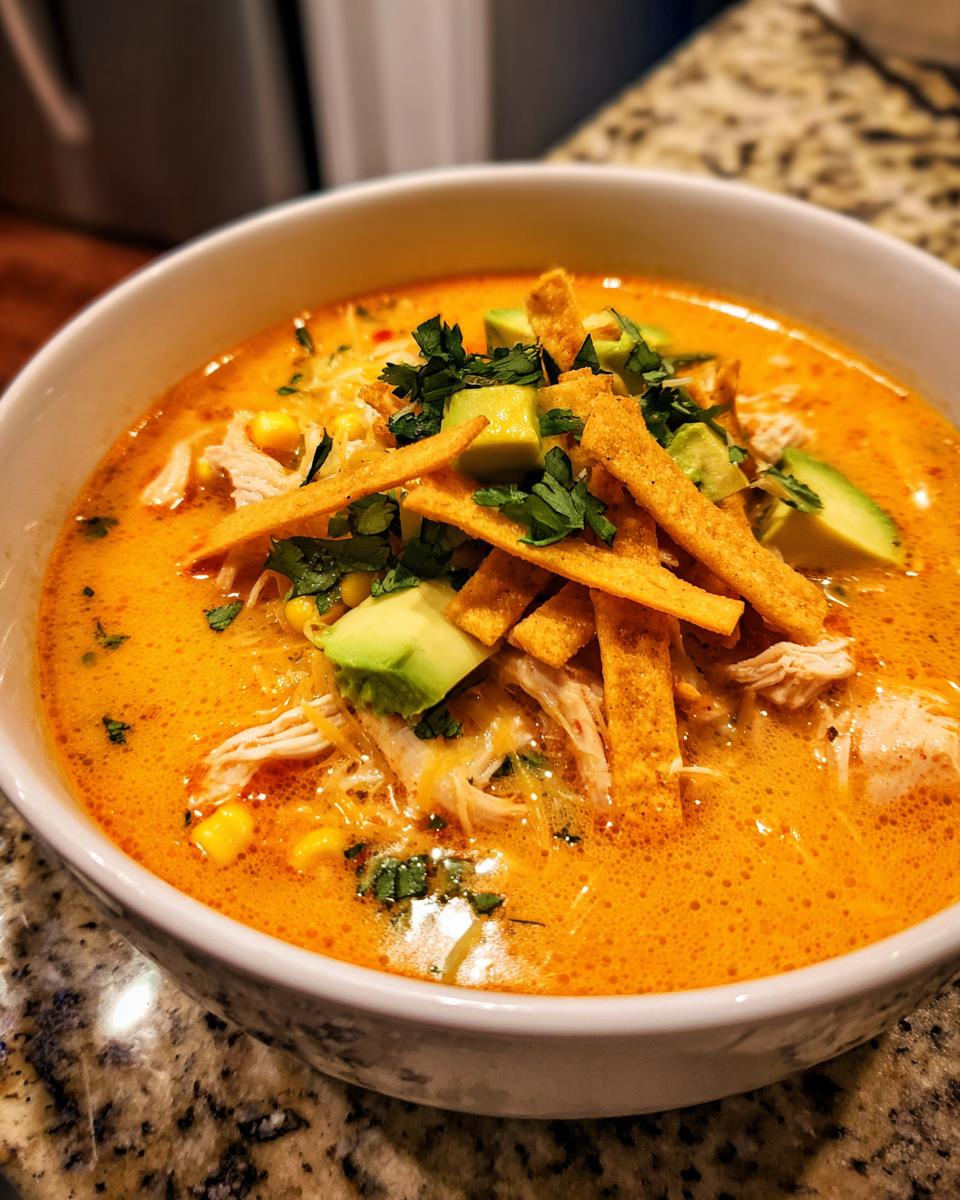 A close-up view of a bowl of creamy, orange-hued tortilla soup topped with shredded chicken, avocado, tortilla strips, and cilantro.