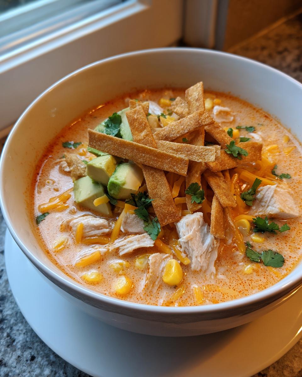 Close-up of a bowl of creamy tortilla soup filled with chicken, corn, cheese, avocado, and crispy tortilla strips.