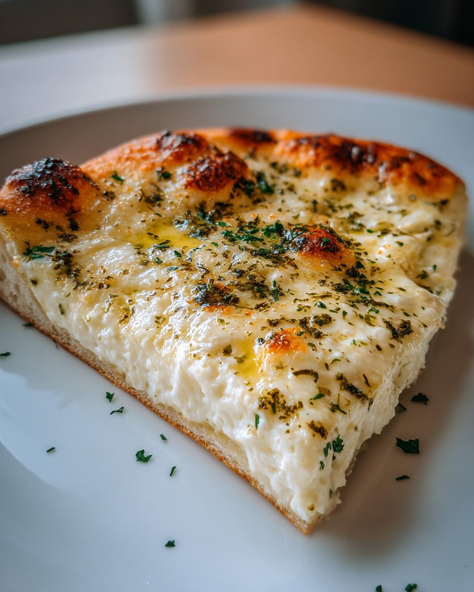 Close-up of a thick slice of white pizza featuring a rich, creamy cheese base topped with herbs and olive oil.