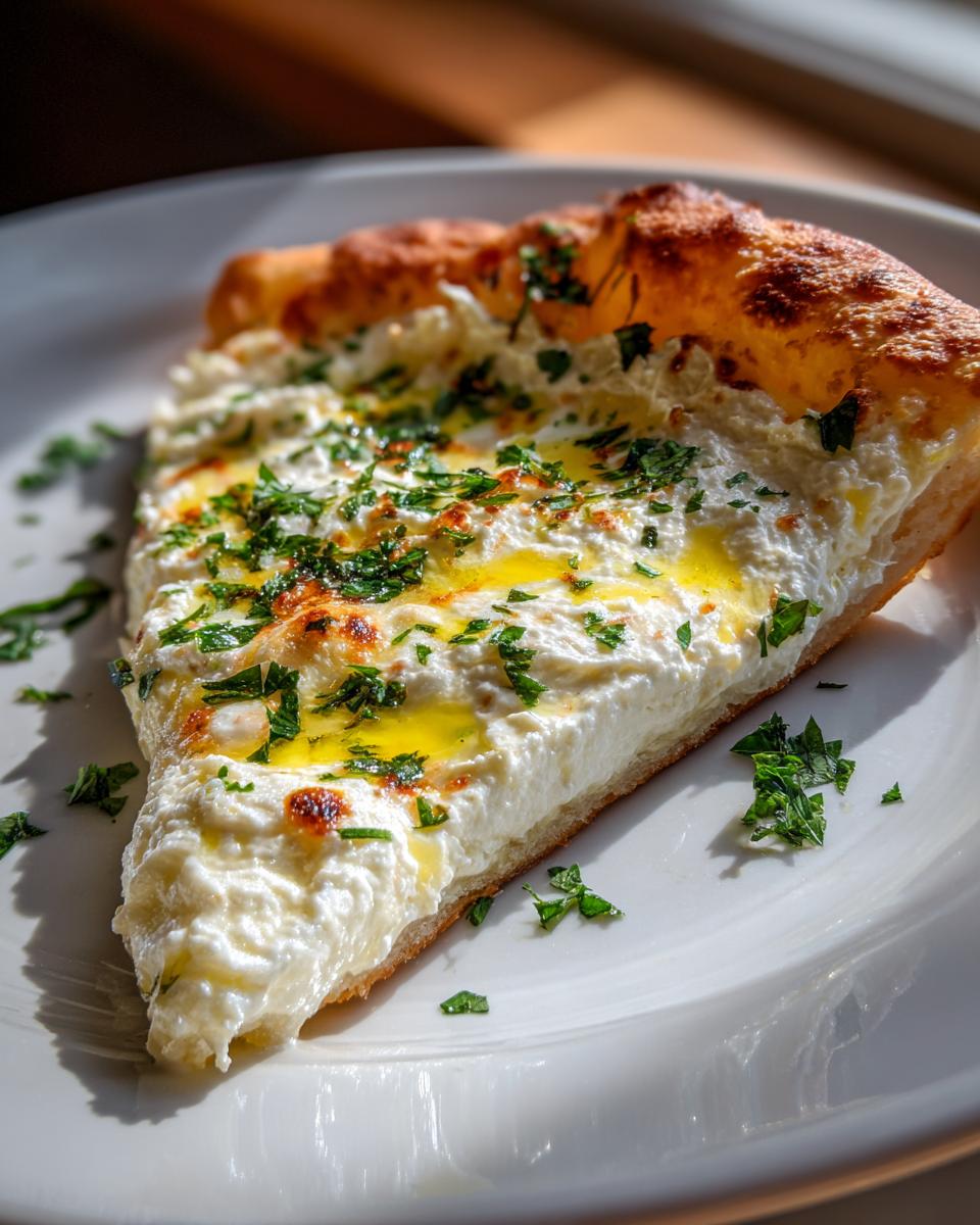 A close-up of a single slice of white pizza topped with creamy ricotta, drizzled with olive oil, and sprinkled with fresh parsley.