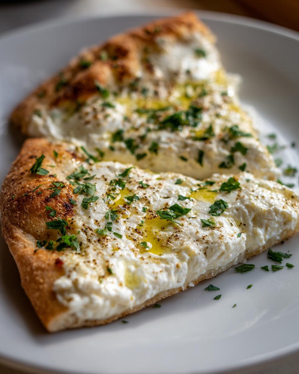 Close-up of two slices of white pizza topped with creamy ricotta, olive oil, and fresh parsley.