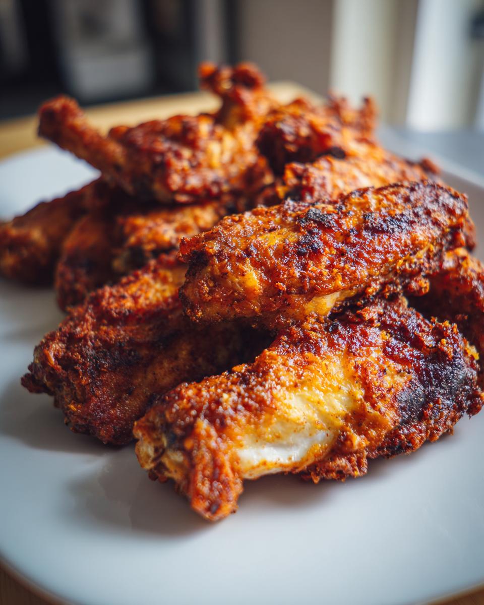 Close-up of a pile of perfectly seasoned and crispy baked chicken wings on a white plate.