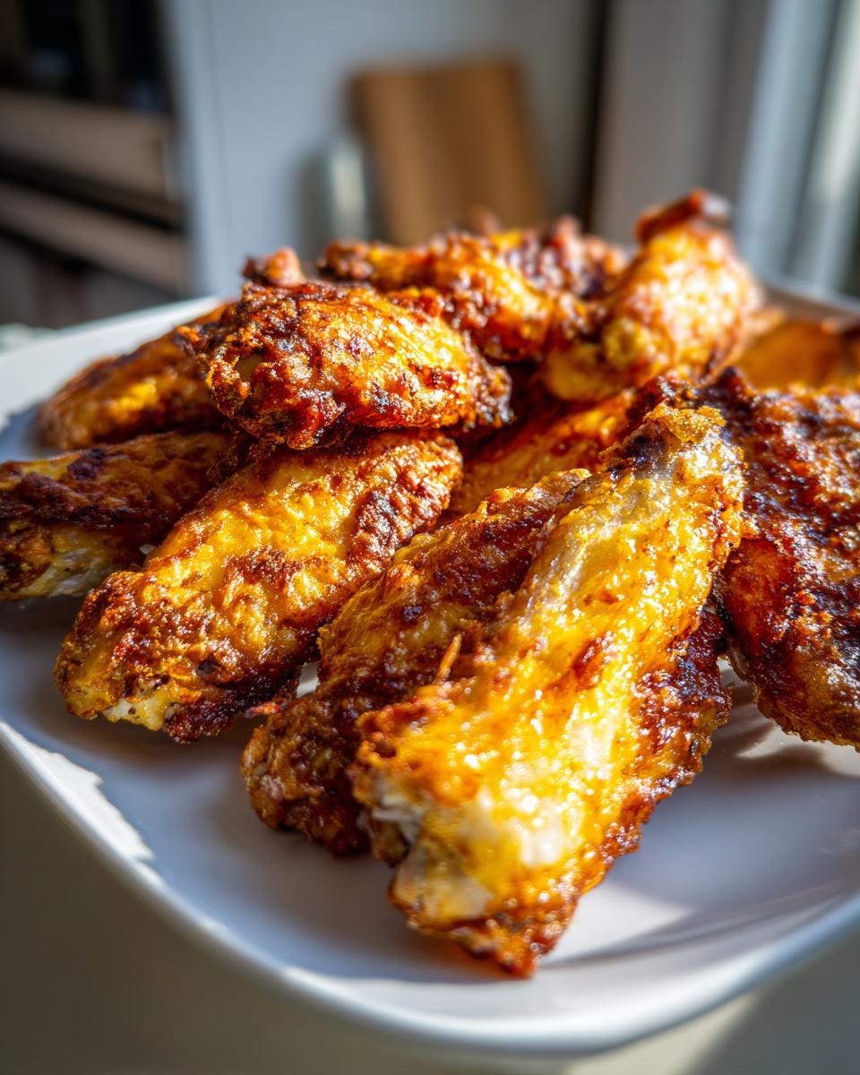 Close-up of golden brown, very crispy baked chicken wings piled high on a white serving platter.