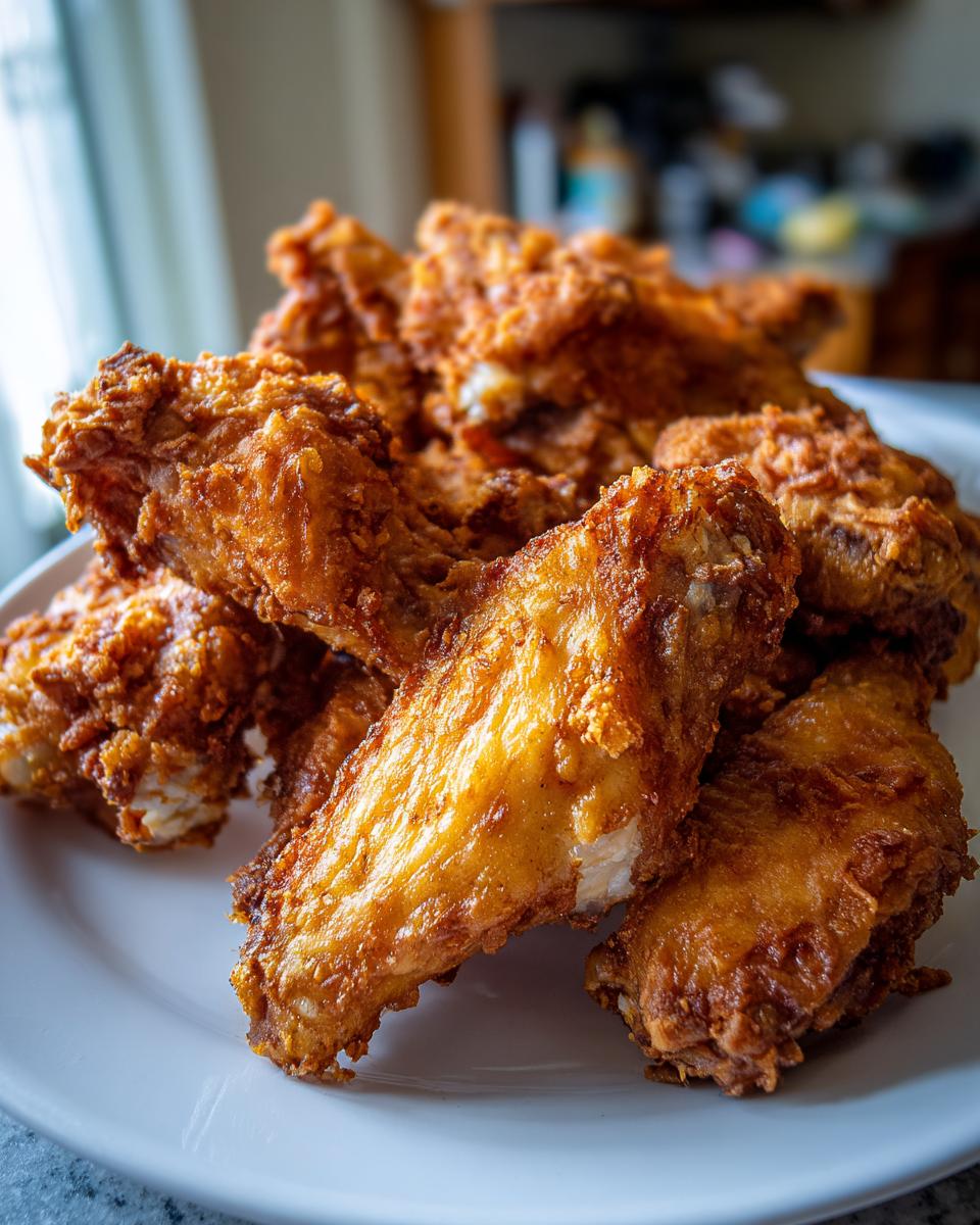 Close-up of a mound of golden brown, crispy baked chicken wings piled high on a white plate.