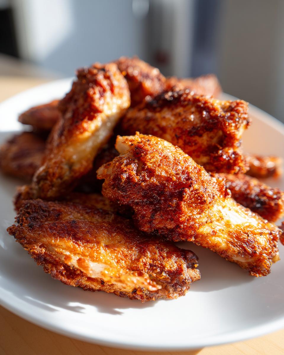 A close-up of a pile of golden-brown, incredibly crispy baked chicken wings served on a white plate.