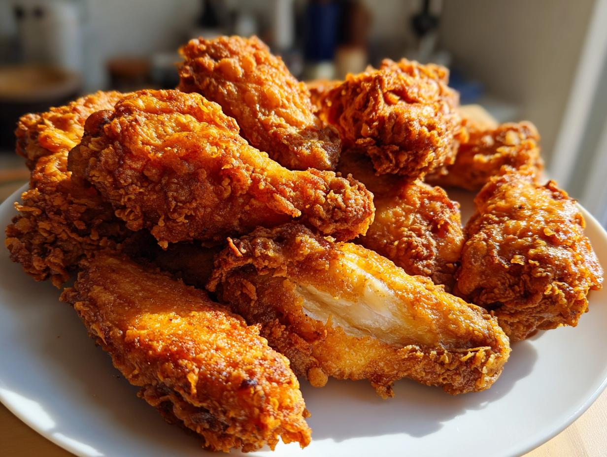 A pile of golden brown, extra crispy baked chicken wings with a thick, crunchy coating.
