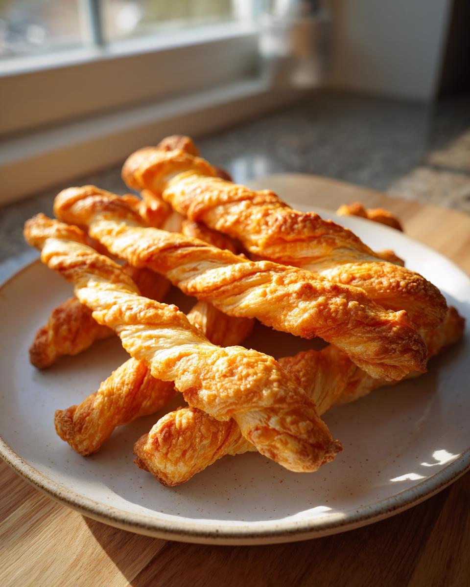 A close-up of several golden, flaky, and crispy cheese straws piled high on a speckled white plate.