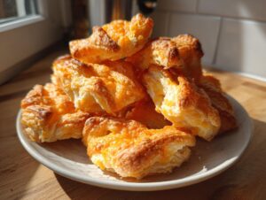 A pile of golden, flaky, and crispy cheese straws dusted with melted cheddar cheese, sitting on a small plate.