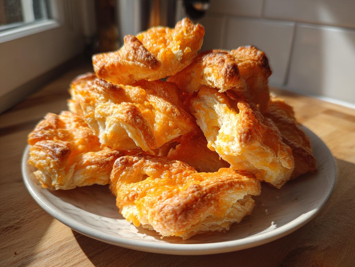 A pile of golden, flaky, and crispy cheese straws dusted with melted cheddar cheese, sitting on a small plate.