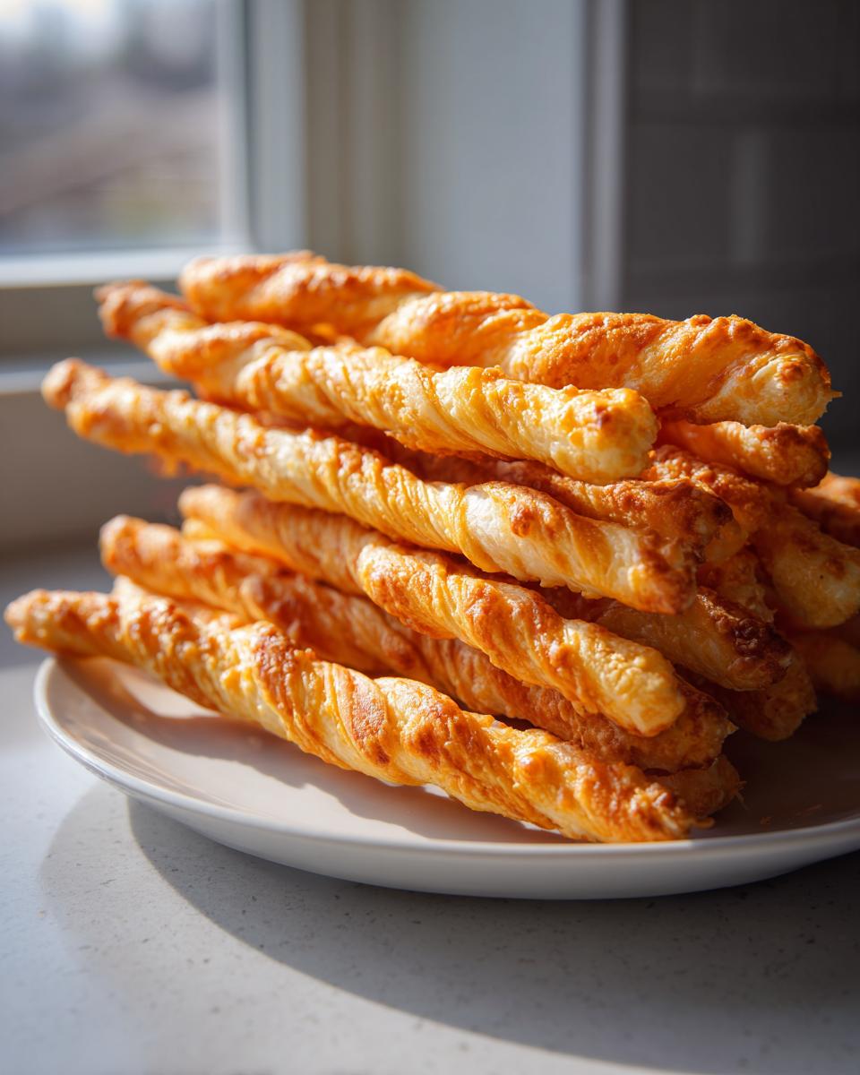 A tall stack of golden, flaky, twisted cheese straws piled high on a white plate near a window.