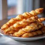 A close-up of a stack of golden, flaky, and crispy cheese straws piled high on a white plate.