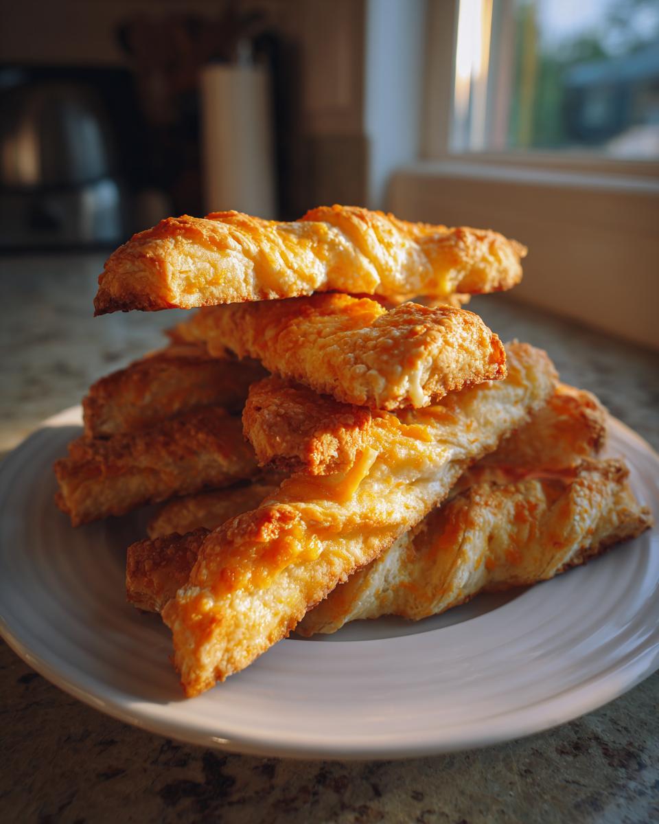 A stack of golden, flaky, and crispy cheese straws piled high on a white plate, beautifully lit by natural light.