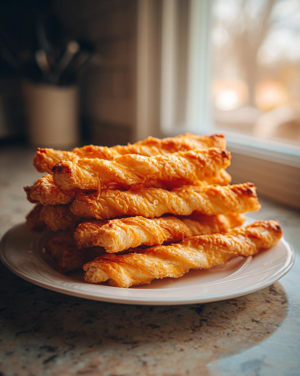 A stack of freshly baked, golden, flaky cheese straws piled high on a white plate.