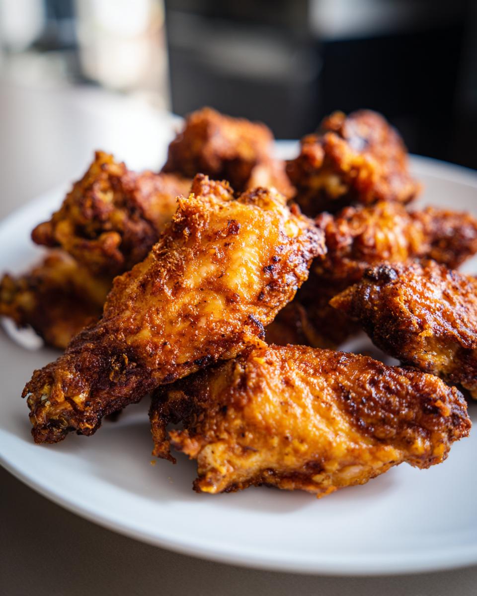 Close-up of several perfectly crispy, golden-brown chicken wing pieces piled high on a white plate.