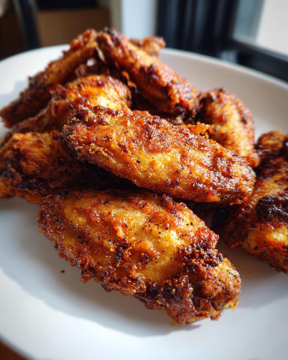 Close-up of several crispy, golden-brown seasoned chicken wing pieces piled on a white plate.