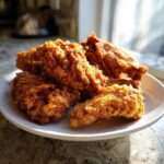 A close-up of several perfectly crispy fried chicken wings piled on a white plate, catching the sunlight.