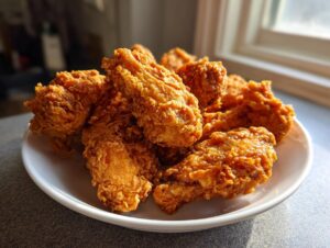 A pile of perfectly crispy, golden brown fried chicken wings served on a white plate near a window.
