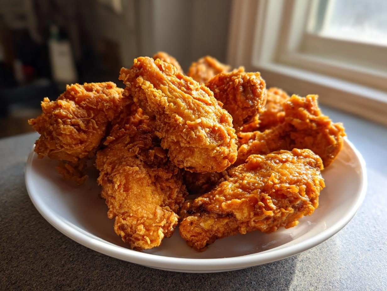 A pile of perfectly crispy, golden brown fried chicken wings served on a white plate near a window.