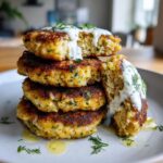 A stack of four golden-brown, crispy salmon cakes topped with a creamy dill sauce.