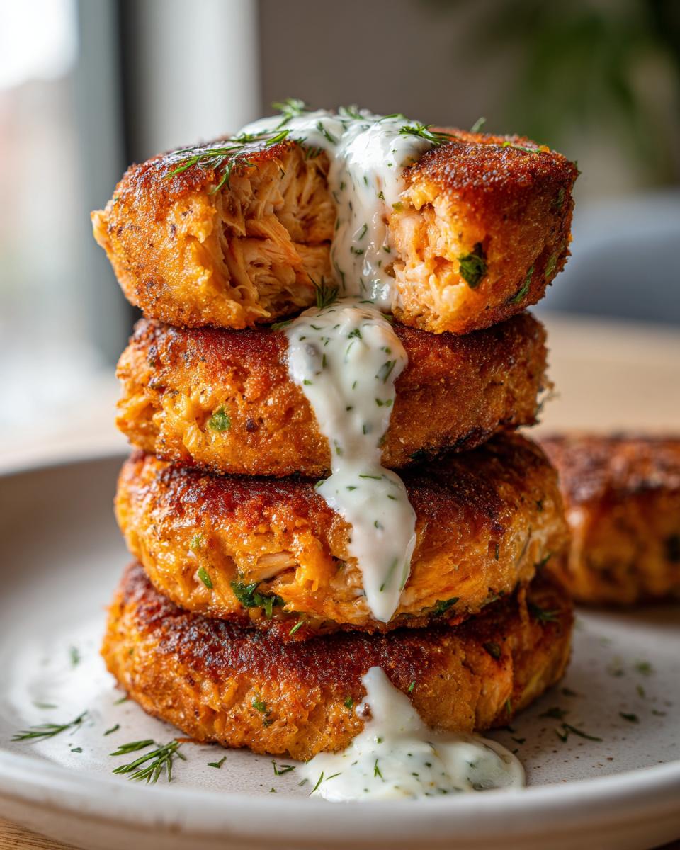 A stack of four golden brown, crispy salmon cakes drizzled with creamy dill sauce, one on top is broken open.