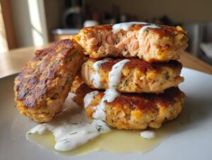 A stack of three golden-brown, crispy salmon cakes, one cut open to show the flaky interior, drizzled with white dill sauce.