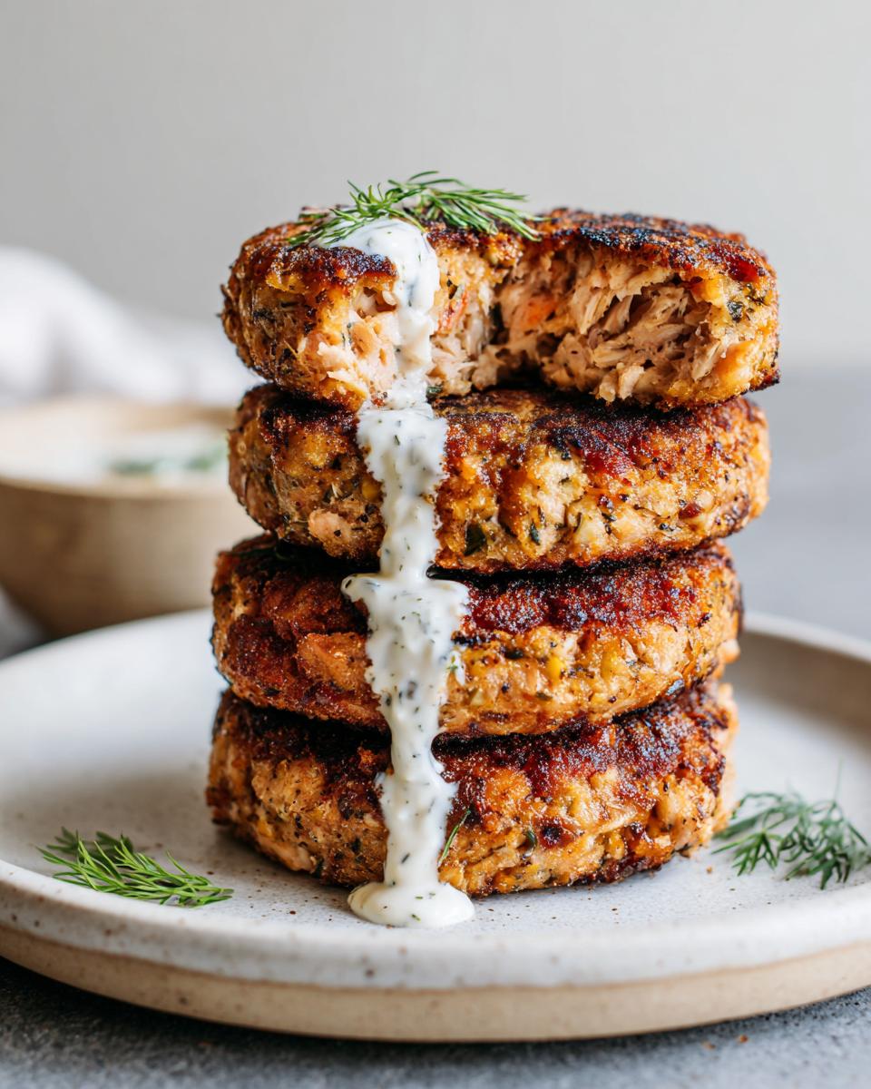 A stack of four crispy, golden-brown salmon cakes, with the top one broken open and drizzled with white dill sauce.