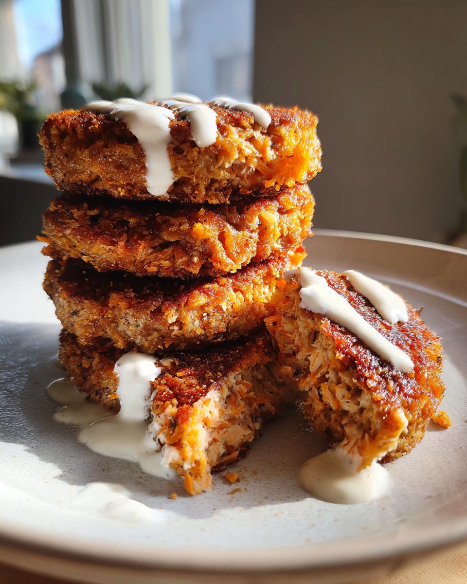 A stack of four crispy, golden-brown salmon cakes drizzled with white sauce, with one cut open showing the texture.