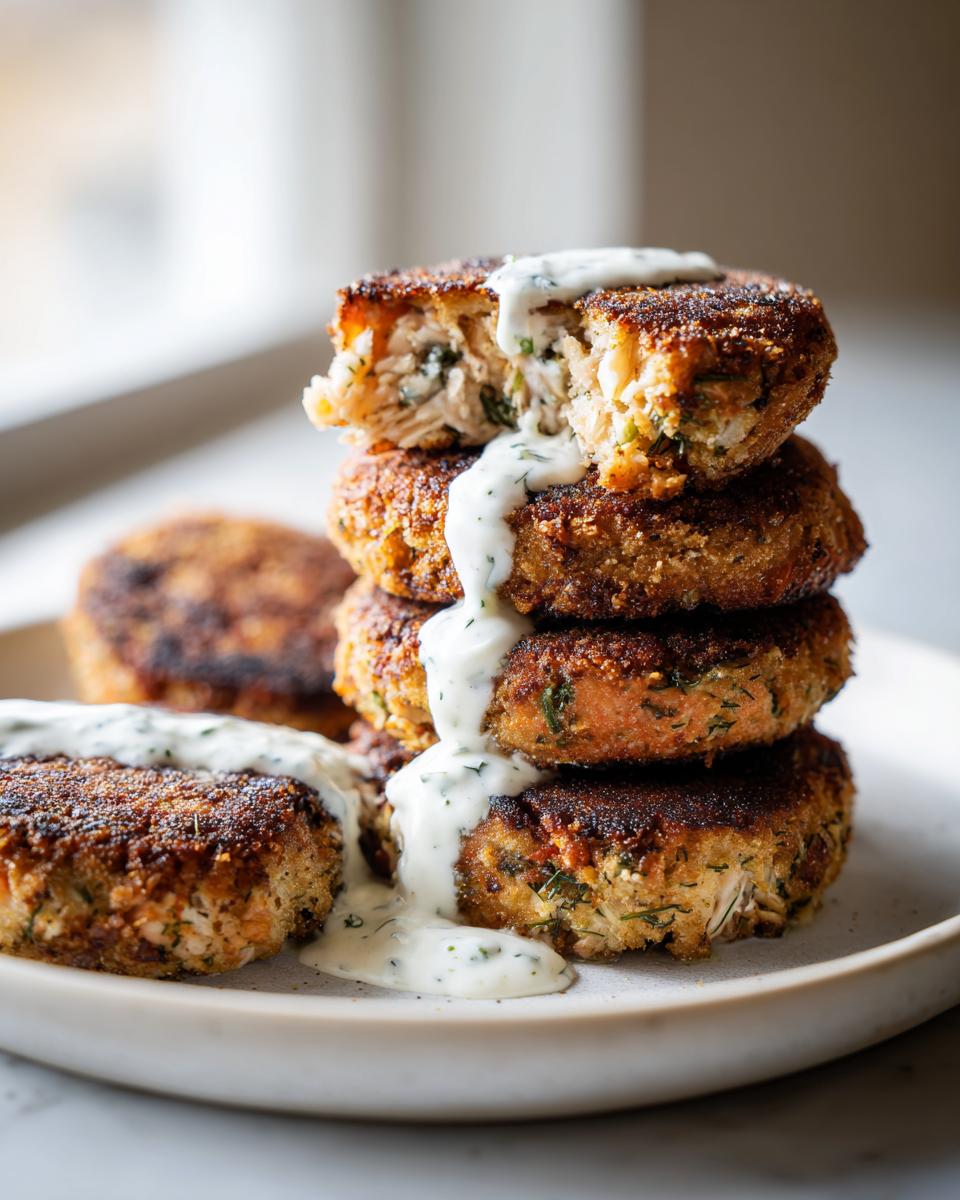 A stack of four crispy, golden-brown salmon cakes drizzled with a creamy herb sauce, with the top one broken open.