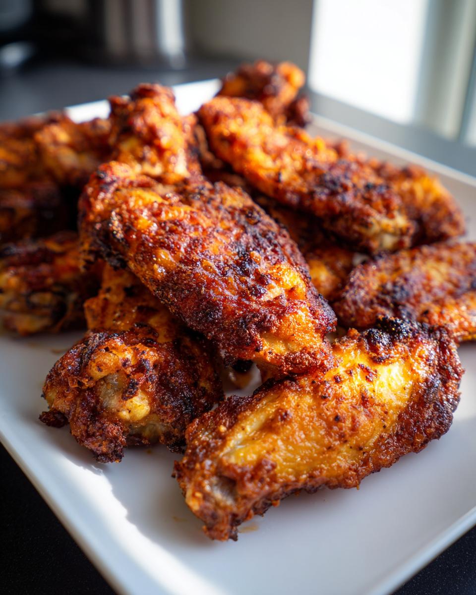 A close-up of several perfectly crispy, seasoned chicken wing pieces piled high on a white serving platter.