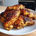 Close-up of several perfectly crispy, golden-brown chicken wing pieces heavily seasoned with dark herbs.