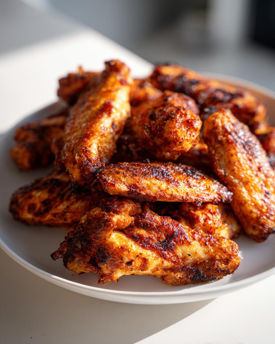 A close-up of a pile of perfectly crispy, seasoned chicken wing pieces stacked on a white plate.