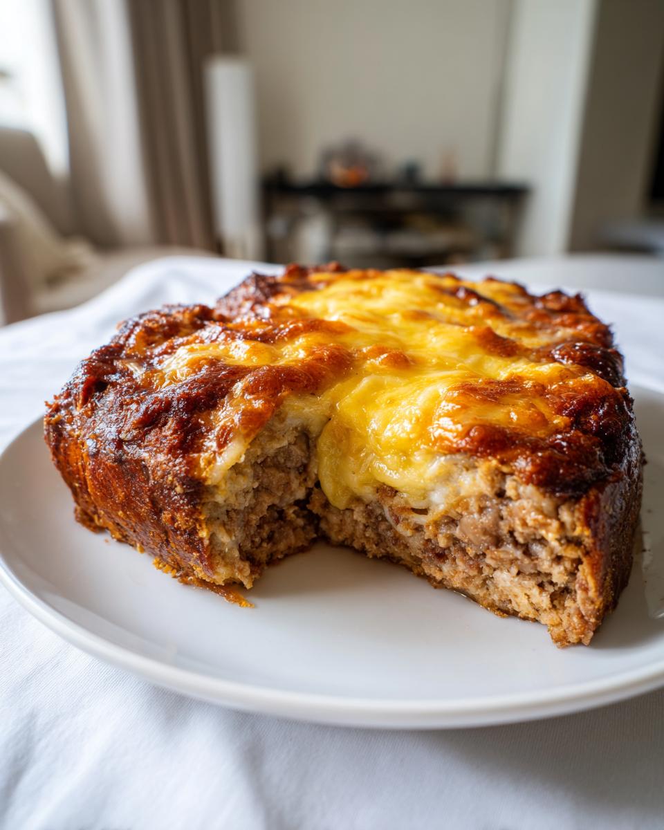 A slice of moist crockpot french onion meatloaf topped with melted, browned cheese on a white plate.
