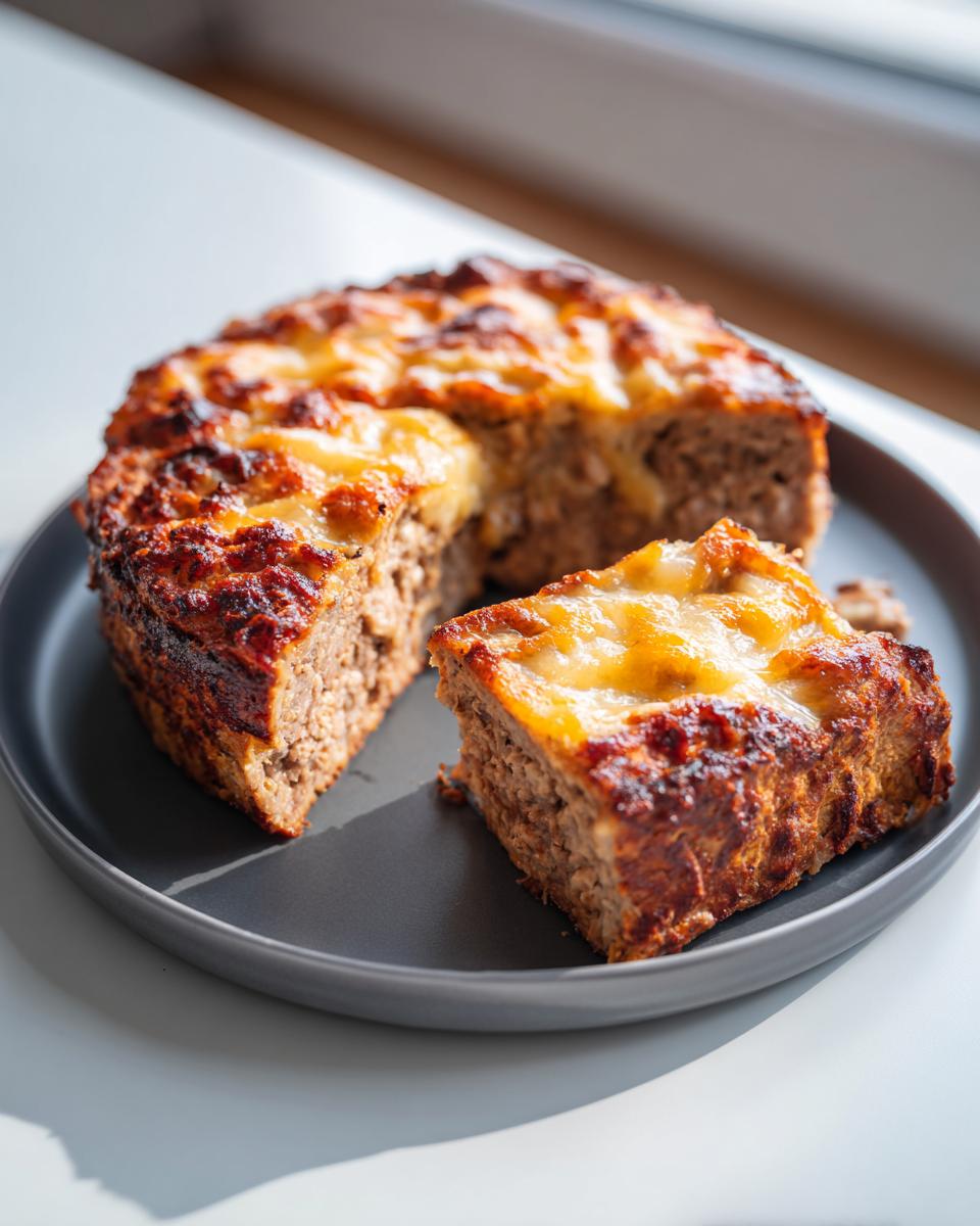 A slice cut from a round crockpot french onion meatloaf topped with melted, browned cheese.