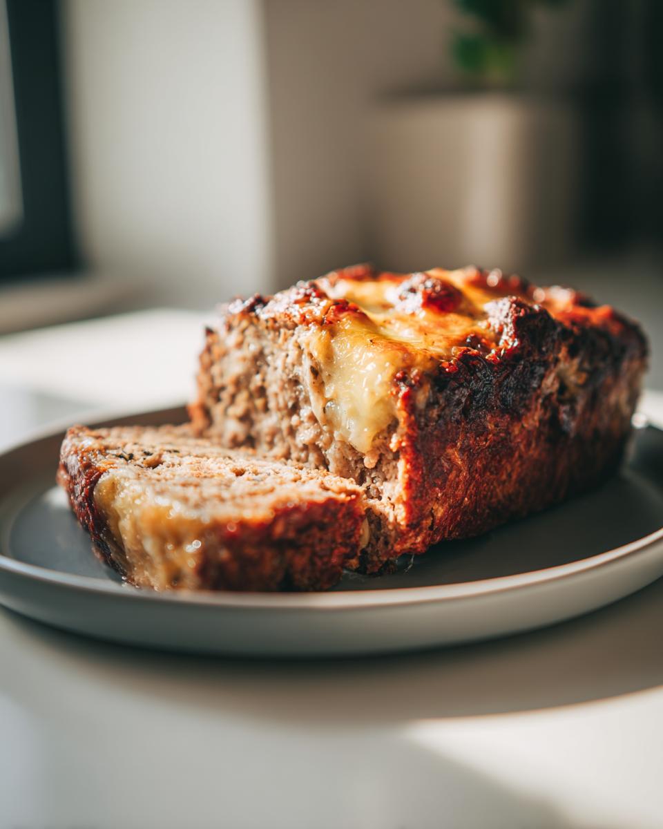 A slice cut from a browned crockpot french onion meatloaf topped with melted, gooey cheese.