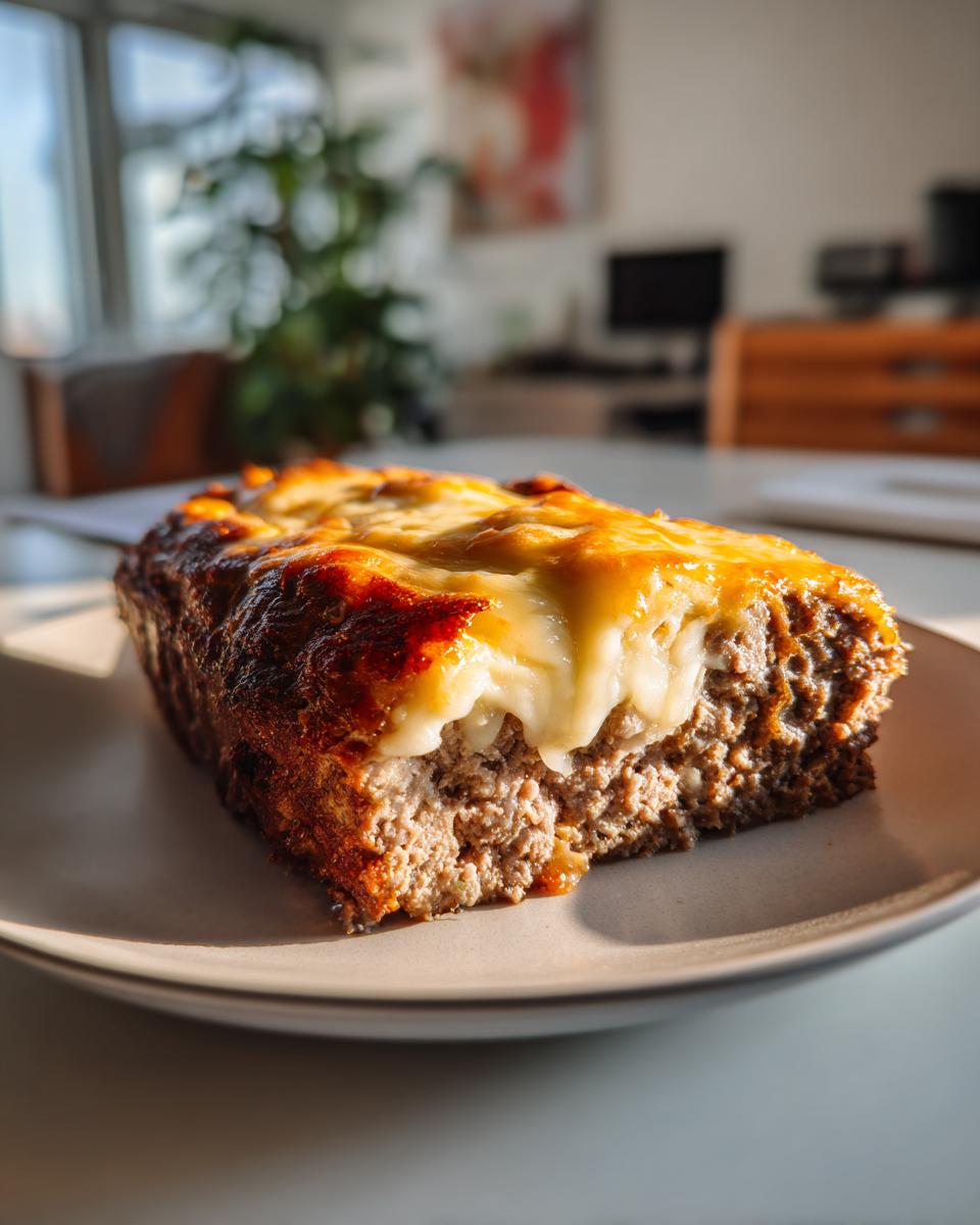 A close-up slice of crockpot french onion meatloaf topped with gooey, melted cheese, served on a plate.