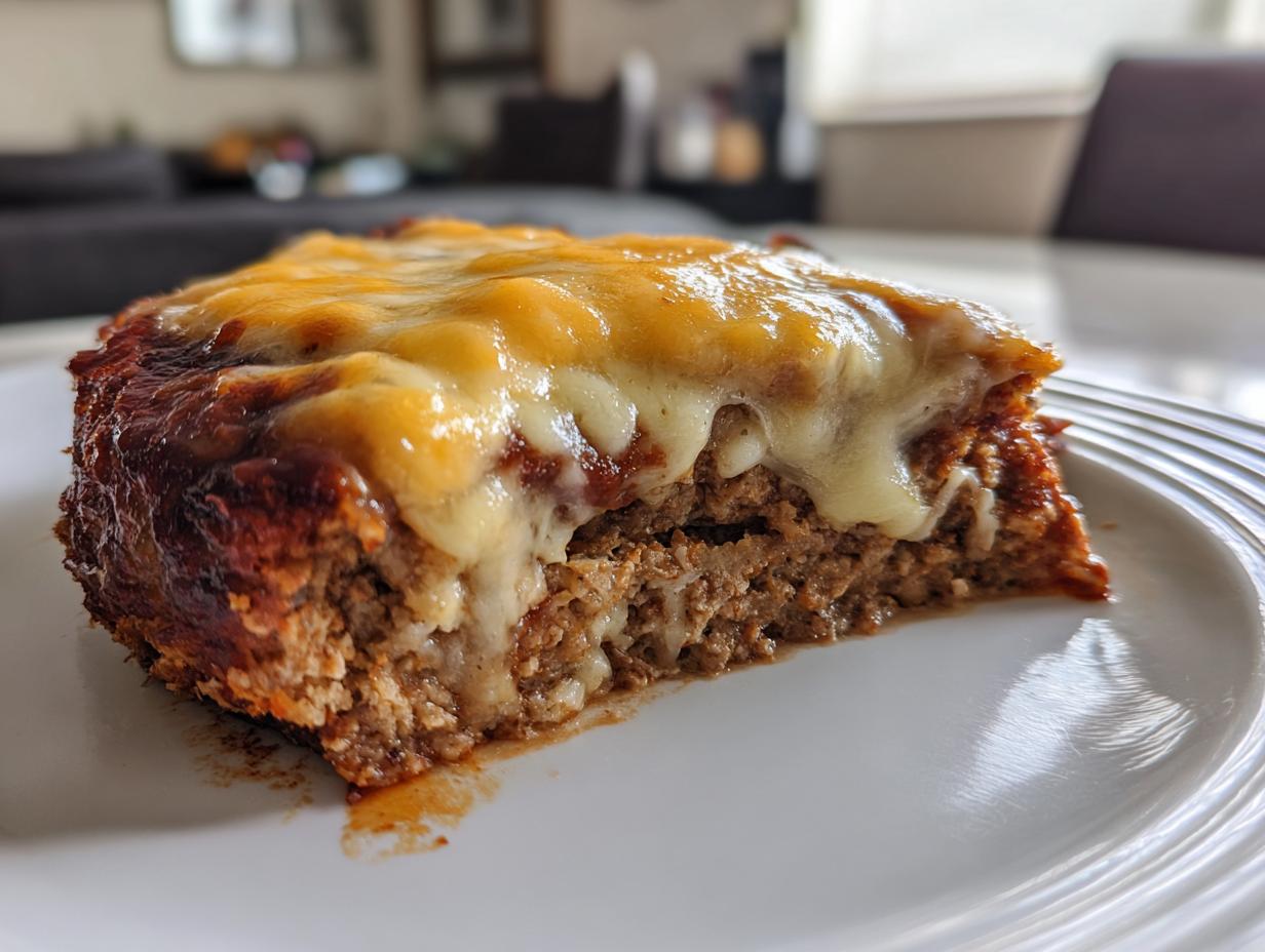 A close-up slice of moist crockpot french onion meatloaf topped with melted cheddar and white cheese on a white plate.