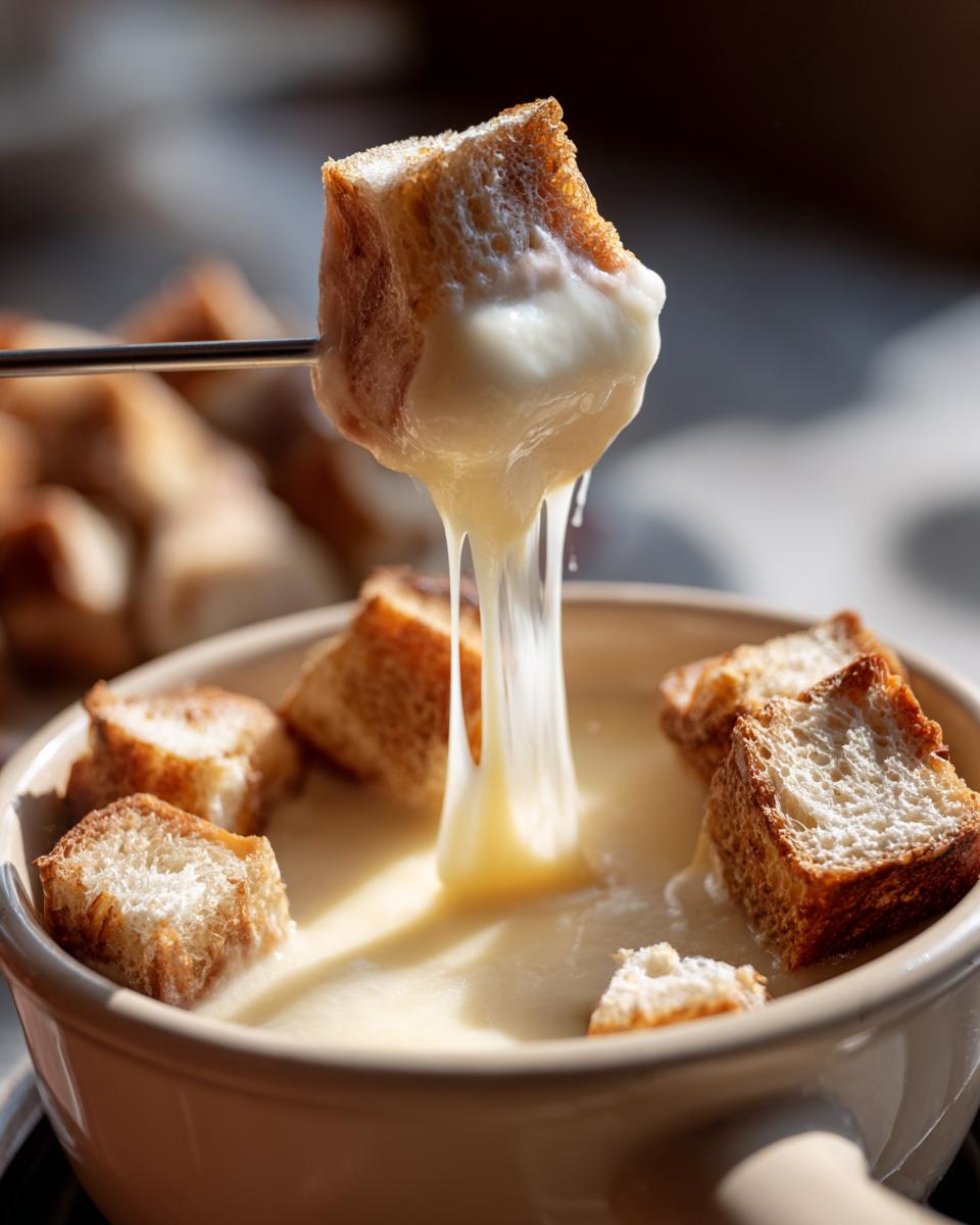 A piece of crusty bread is lifted from a pot of smooth, melted cheese fondue, showing a long, stretchy cheese pull.
