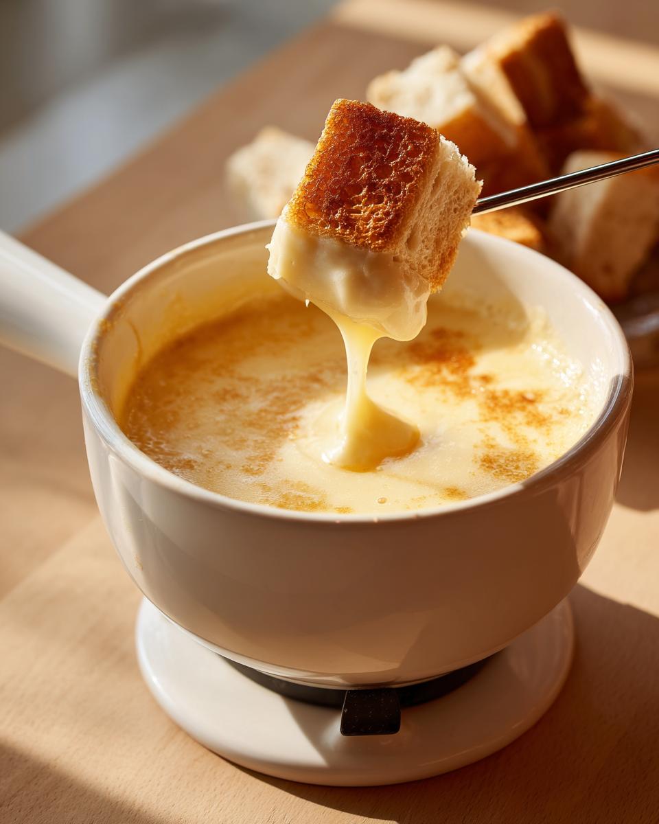 A piece of toasted bread is dipped into a white pot of creamy, melted cheese fondue recipe.