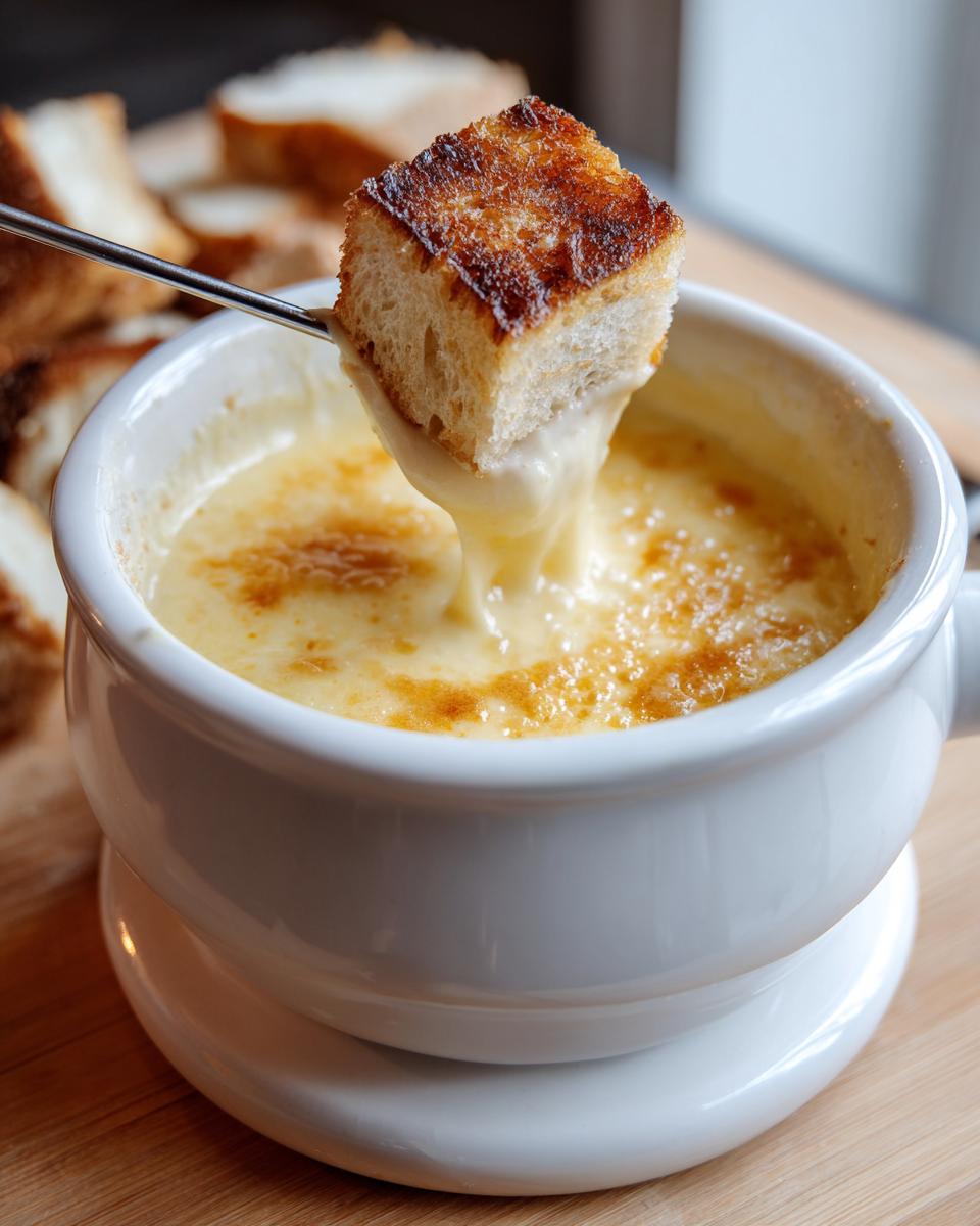 A piece of toasted bread being dipped into a pot of creamy, bubbling cheese fondue recipe.