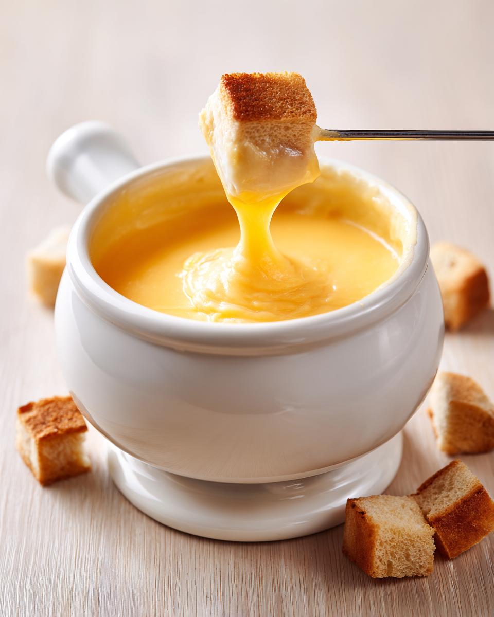 A piece of toasted bread is dipped into a white pot of smooth, melted cheese fondue recipe.