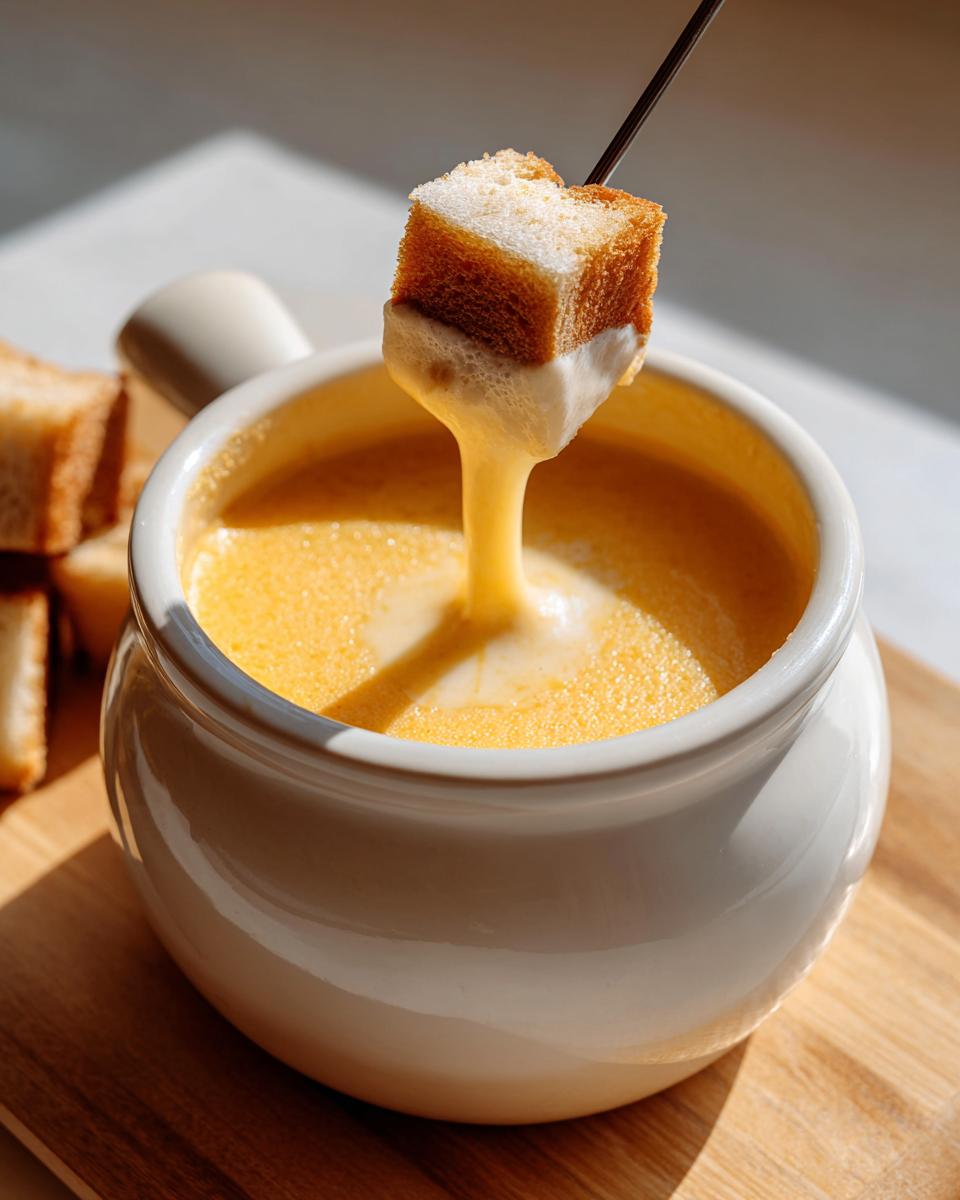 A piece of toasted bread is dipped into a creamy, yellow cheese fondue recipe served in a white pot.
