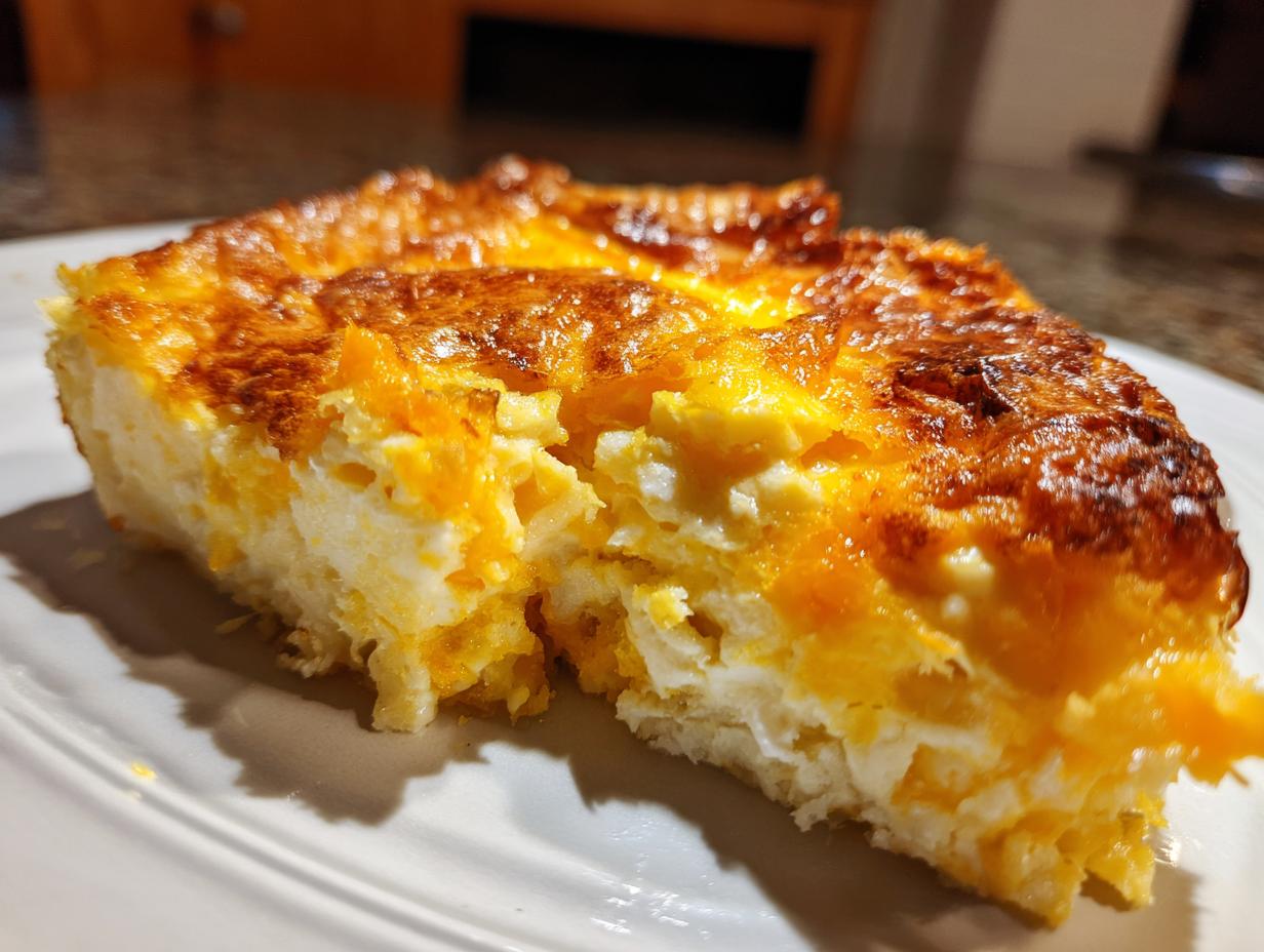 Close-up of a thick slice of cheesy potato casserole with a deeply browned, bubbly top crust.