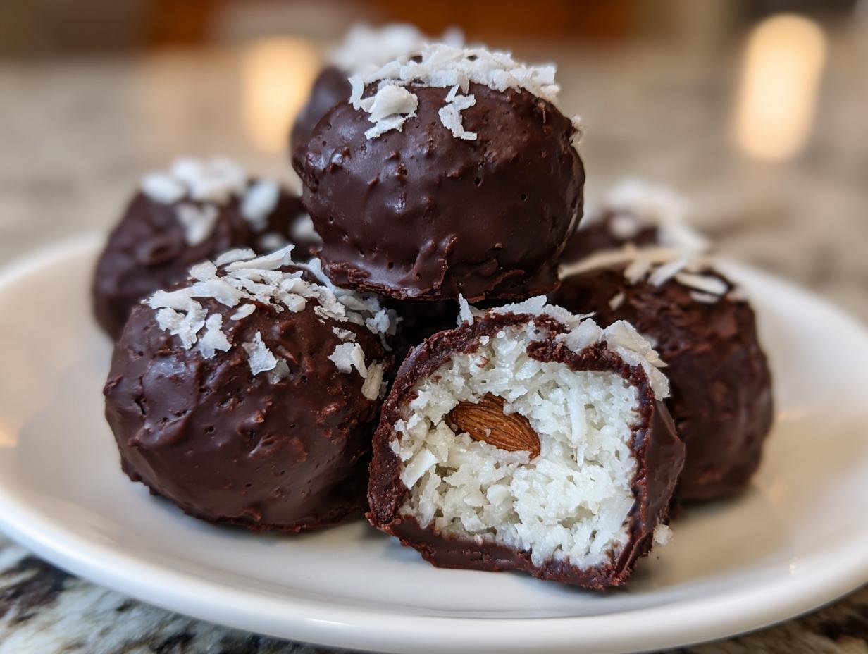 A stack of homemade almond joy truffles coated in dark chocolate and topped with shredded coconut, one is cut open showing the coconut filling and whole almond.