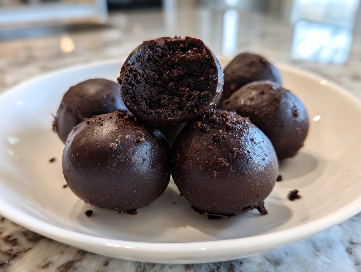 A stack of rich, dark chocolate coated Oreo balls, with one cut in half showing the dense interior.