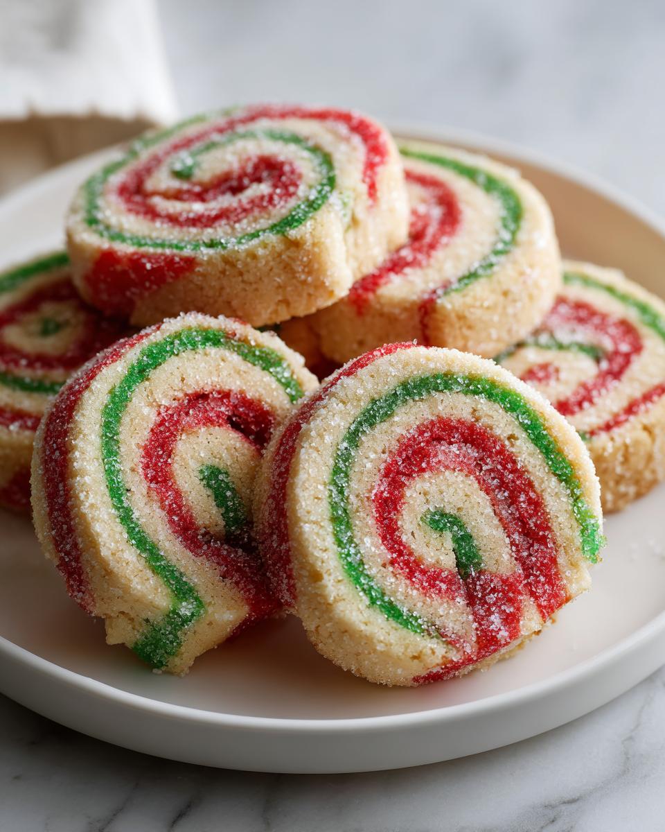 A stack of colorful pinwheel cookies featuring red, green, and white swirls, coated in sugar.