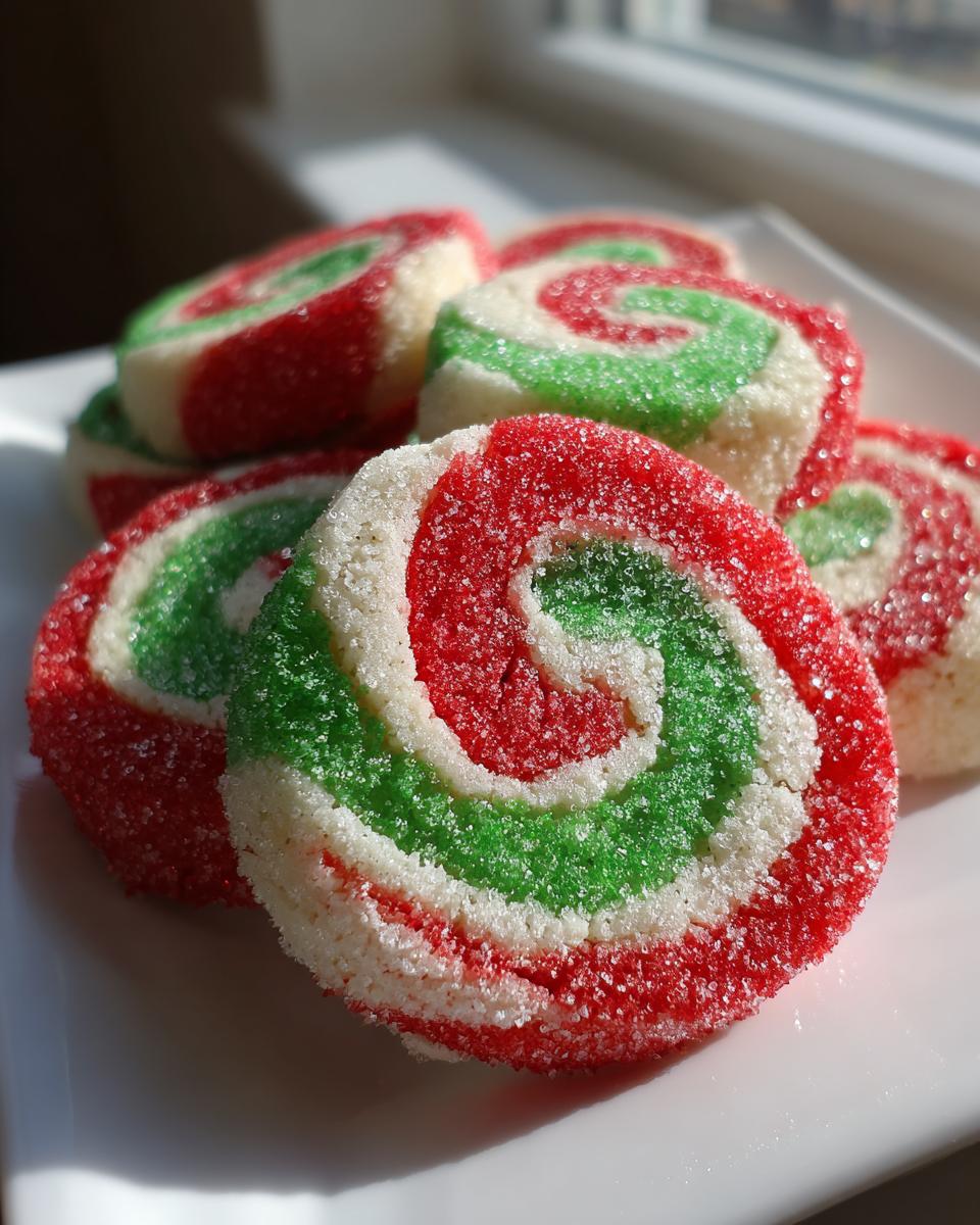 Close-up of several colorful red, green, and white pinwheel cookies coated in sparkling sugar.