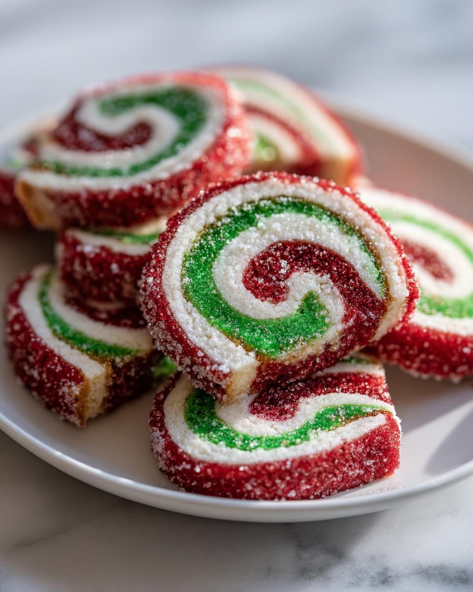 Close-up of several festive red, green, and white pinwheel cookies stacked on a white plate, coated in sugar.