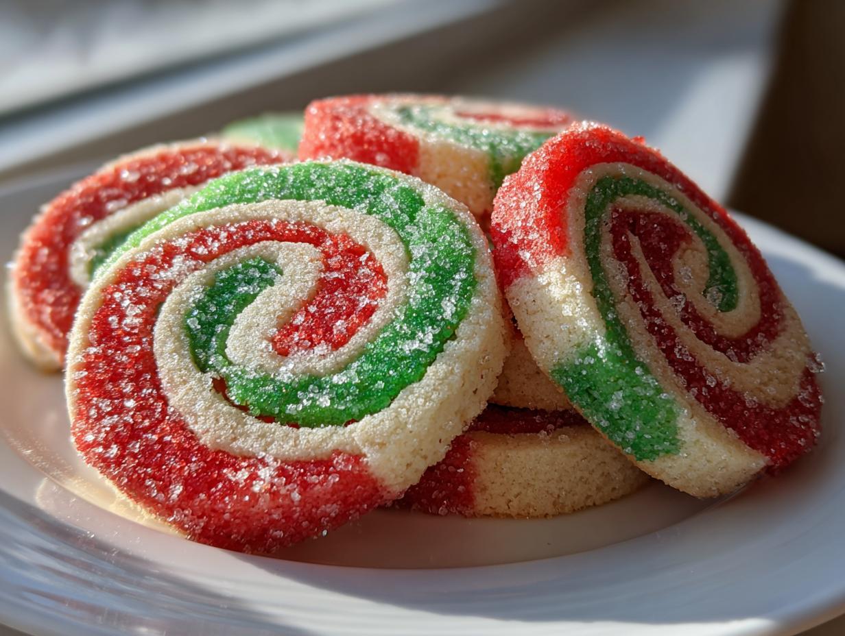 Close-up of colorful red, green, and white pinwheel cookies coated in sparkling sugar.